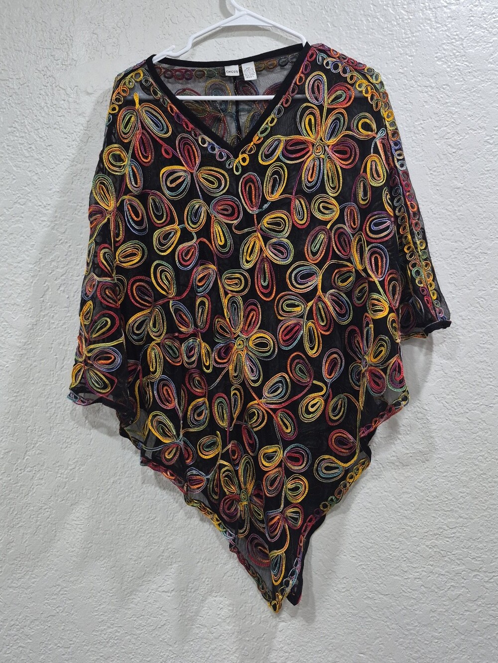 Chico's Black Embroidered Boho Poncho Top | Vibrant Lightweight Sheer Layering L